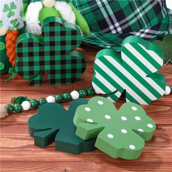 4 Pcs St Patricks Wooden Shamrock Table Signs Irish Lucky Wood Table Centerpiece - Picture 5 of 7